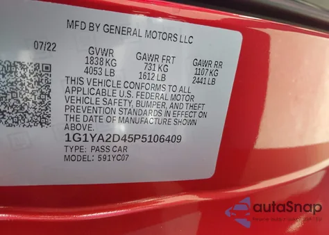 2023 Chevrolet Corvette Stingray Rwd 1Lt z USA, uszkodzony, nr VIN 1G1YA2D45P5106409